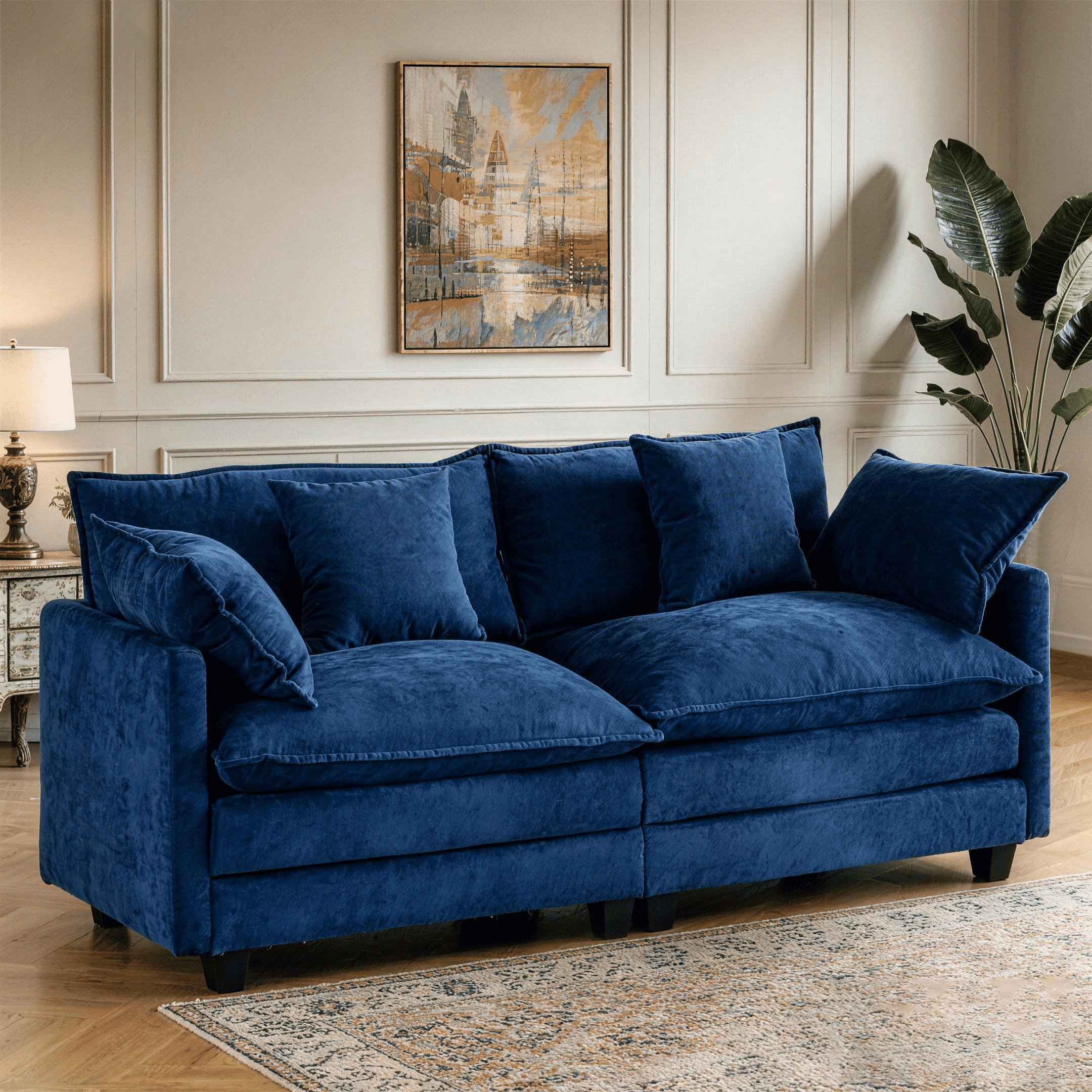 Dioepic Cloud-Comfort Deep Seat Chenille 2-Seat Living Room Loveseat Sofa 77" with 2 Pillows, Blue