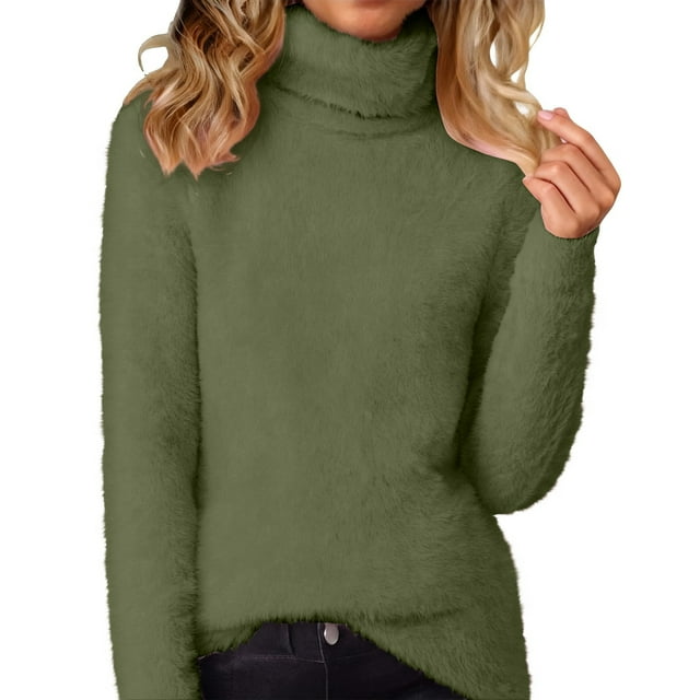 Ltctricy Chandails à Col Roulé pour Femmes en Molleton Doux à Manches Longues Grande Taille chandail-Over Chandail Hauts Tunique Chaude en Peluche (Vert Armée, Très Grand)