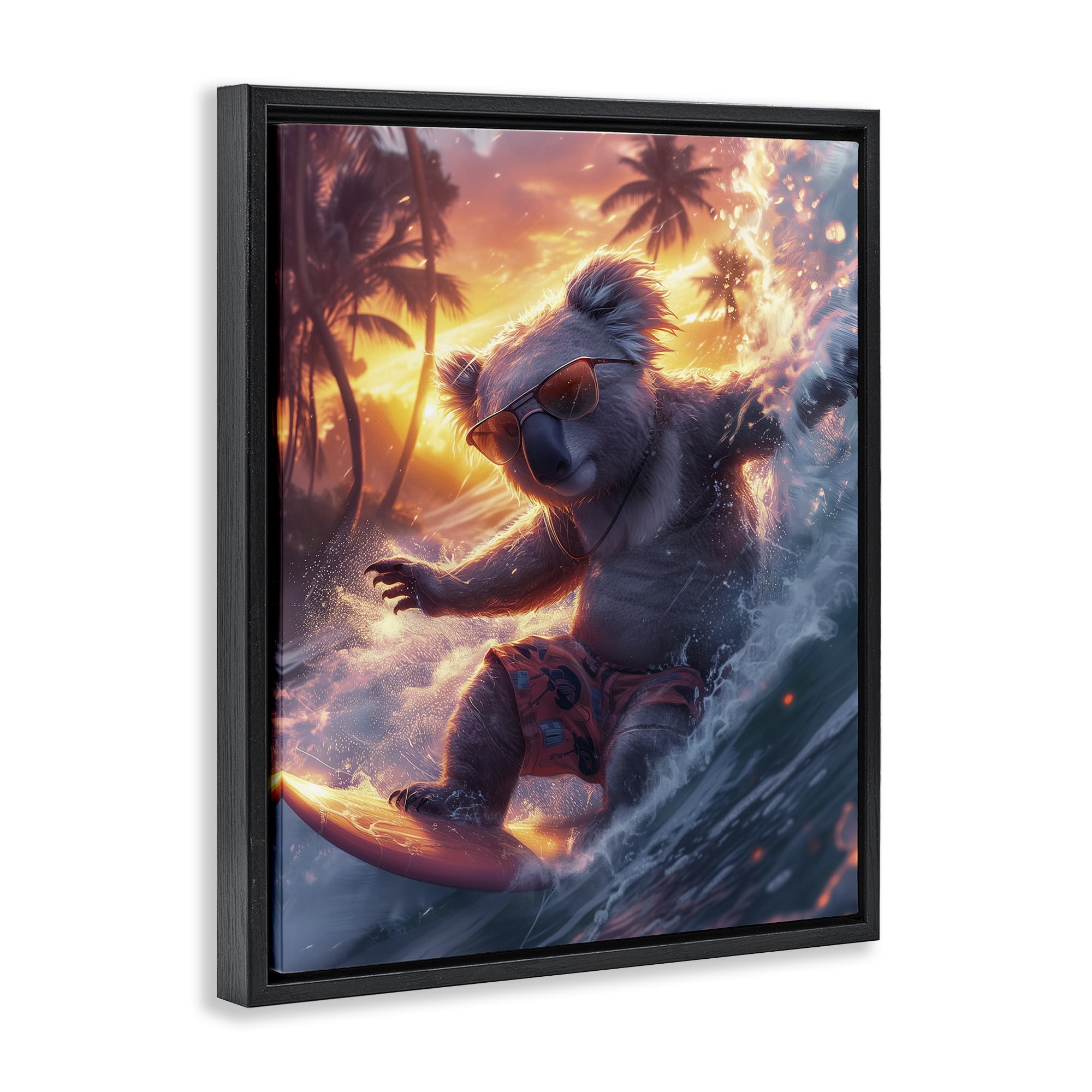 Stupell Industries Surfing Tropical Koala Coastal Painting Black Floater Framed Canvas Art Print Wall Art, 17 x 21