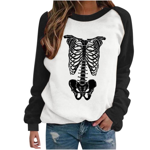 Sudadera Para Mujer Sudaderas Con Cuello Redondo Festival de Moda Esqueleto Impreso Blusa de Manga Larga Cuello Redondo Suéter Informal Tops Sudaderas Odeerbi ODB132723