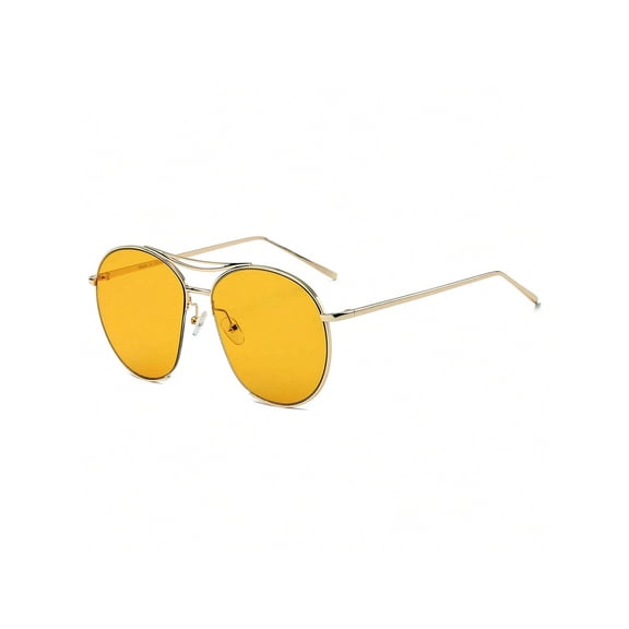 Gold Metal Round Sunglasses - Yellow Lens UV Protection Bright Casual Daily Eyewear