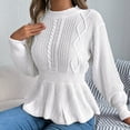 thumbnail image 6 of gbyLJF Womens Knitted Sweaters Casual Long Sleeve Round Neck Pullover Blouse Solid Color Waist-cinching Ruffled Sweater, 6 of 7