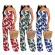 thumbnail image 4 of TRKIYQC Mono largo para mujer con cinturón, mameluco fruncido con estampado de hojas sin tirantes, mono con pantalones largos de pierna ancha de verano para mujer TRKIYQC perder, 4 of 5