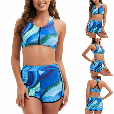 

ZXHACSJ Women s Fashion Separates High Waist Printed Swimming Costume With Chest Pad And No Steel Bra Blue S