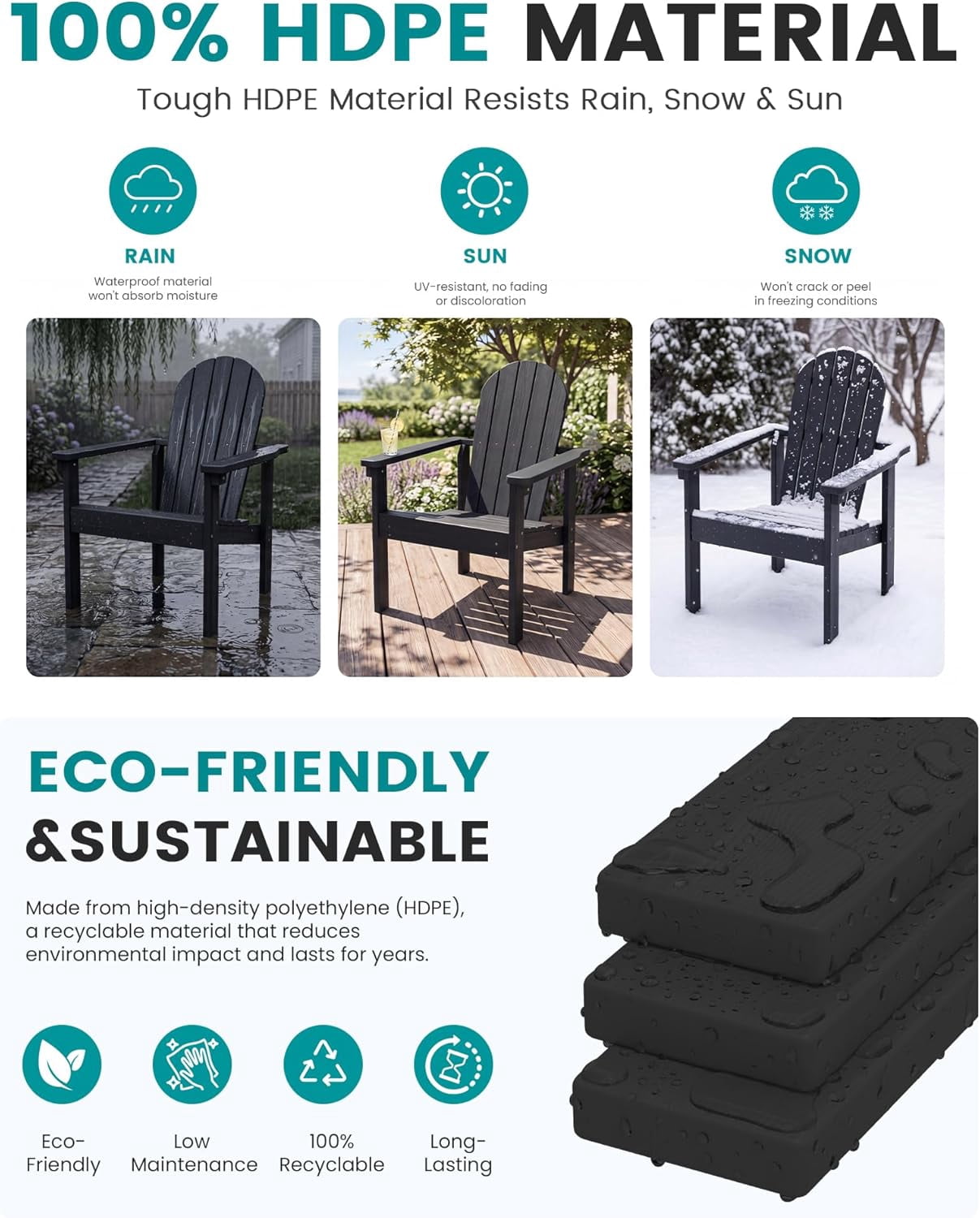 WBTER Stackable Modern Adirondack Chair, HDPE Outdoor Patio Chair with Space-Saving Design, All-Weather Fire Pit Chair with Widened Seat for Deck, Backyard, Garden, Lawn (Black)