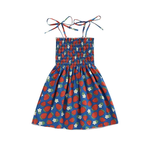 Franhais Little Girls Sling Dress, Sleeveless Tie-up Spaghetti Straps Chest Smocked Ruched Floral/Strawberry Printed A-line Dresses