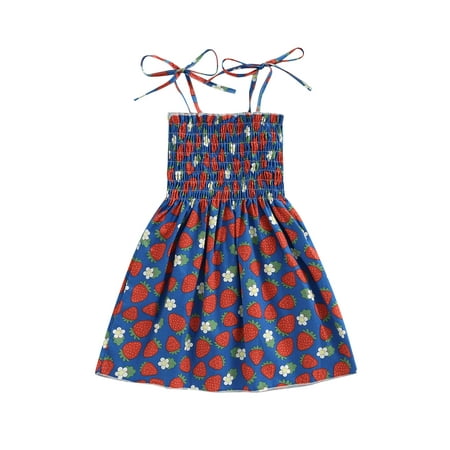 

Sunisery Little Kids Girls Sling Dress Sleeveless Tie-up Spaghetti Straps Chest Smocked Ruched Floral A-line Dress Blue Red Strawberry 4-5 Years