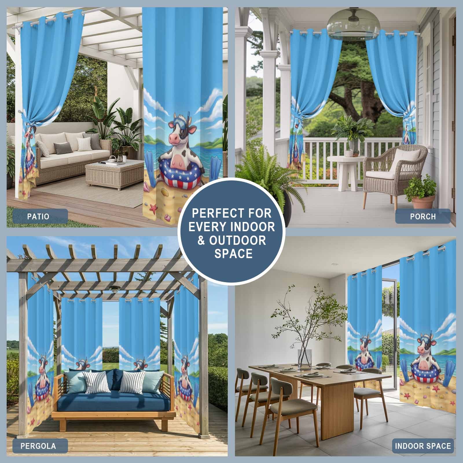 Snorkeling Cow Outdoor Curtains for Patio, Summer Beach Ocean Patriotic Swimming Ring Sunshade Privacy Drapes Grommet Waterproof Outside Curtains for Porch/Cabana/Balcony 54"x 108", 1 Panel