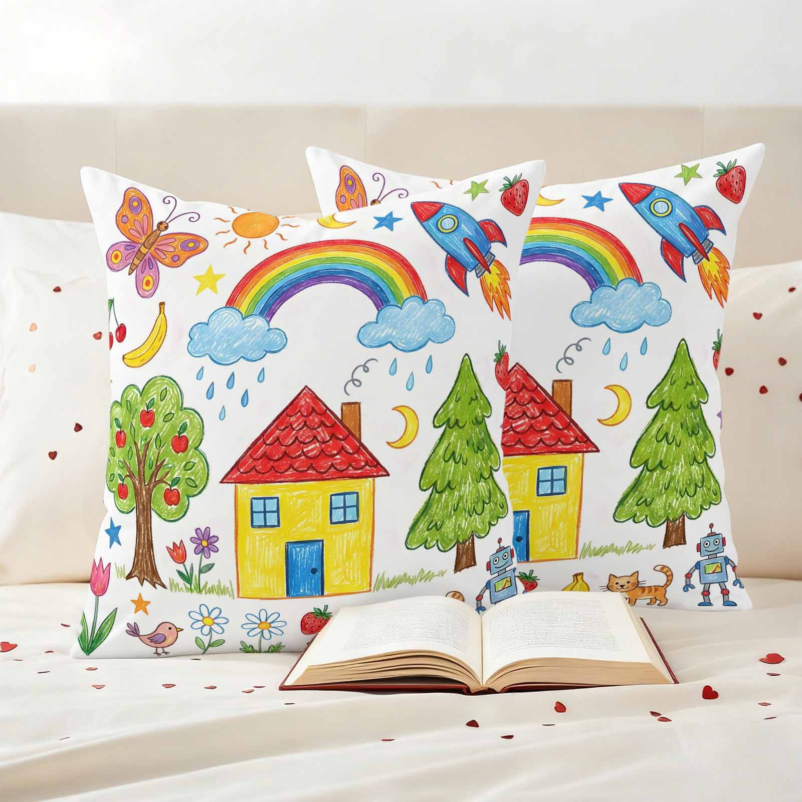Children's Day Outdoor Waterproof Throw Pillow Covers 20x20 Set of 2, Cartoon Painting Rainbow Rocket Butterfly Decorative Pillowcases Cushion Pillowcase for Couch Sofa Patio Outside Pillow Protector