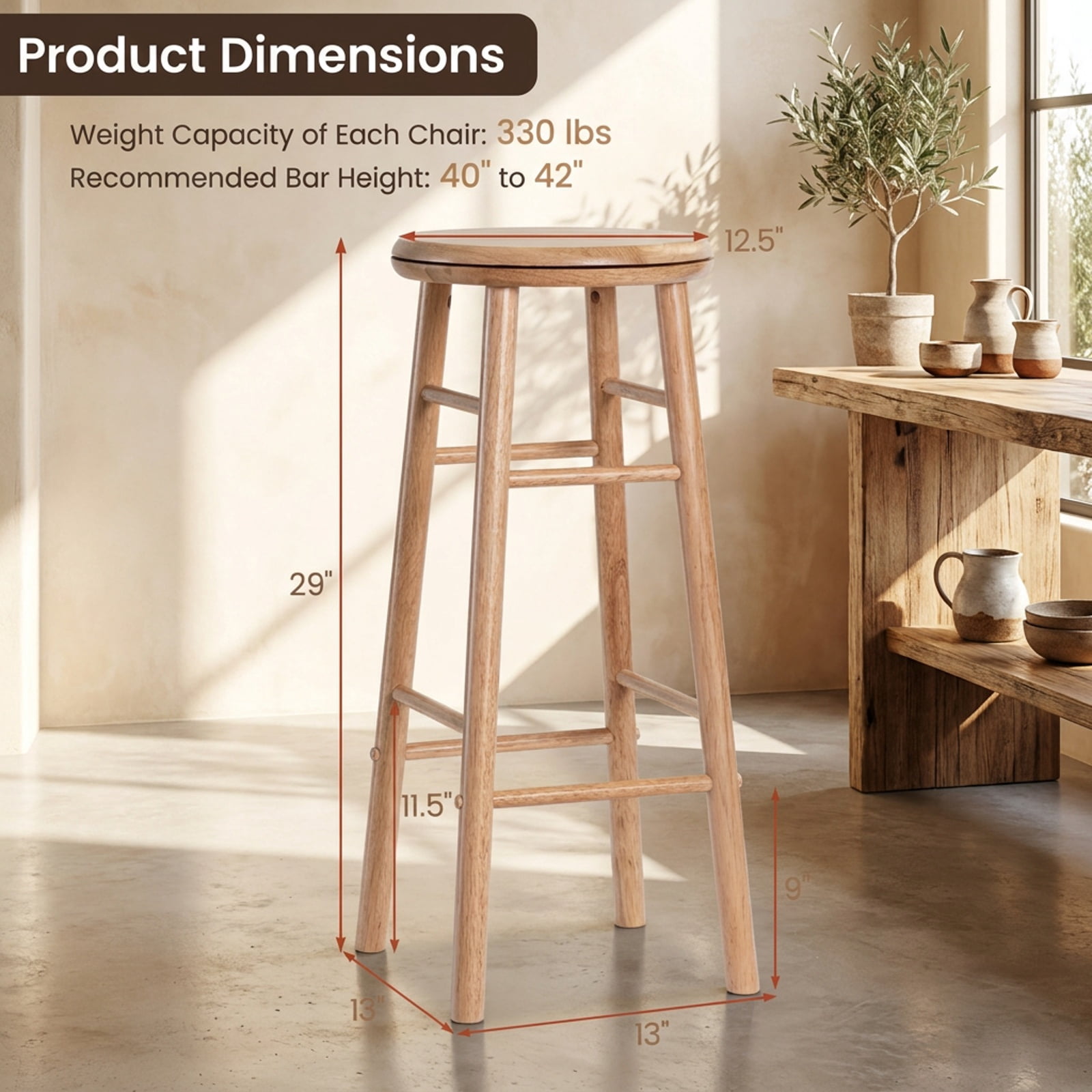 Furnibear 29" Swivel Bar Stools Set of 2 with Footrests & Crossbars for Kitchen Island Counter Bar Pub Dining Home, Natural