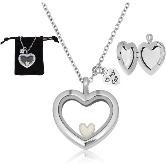 Pet Hair Memorial Necklace Stainless Steel Fur Ashes Keepsake Necklace Clear Glass Locket Necklaces Heart Charm Cat Dog Urn Picture Memorial Jewelry