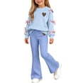 thumbnail image 5 of Spazoro Girls Outfit Sets with Bow Decor, Crewneck Flared Leg Heart Print Long Sleeve Elastic Waist Trendy Matching Sweatshirt and Pants 2PC Outfits Blue Size 5-6, 5 of 6