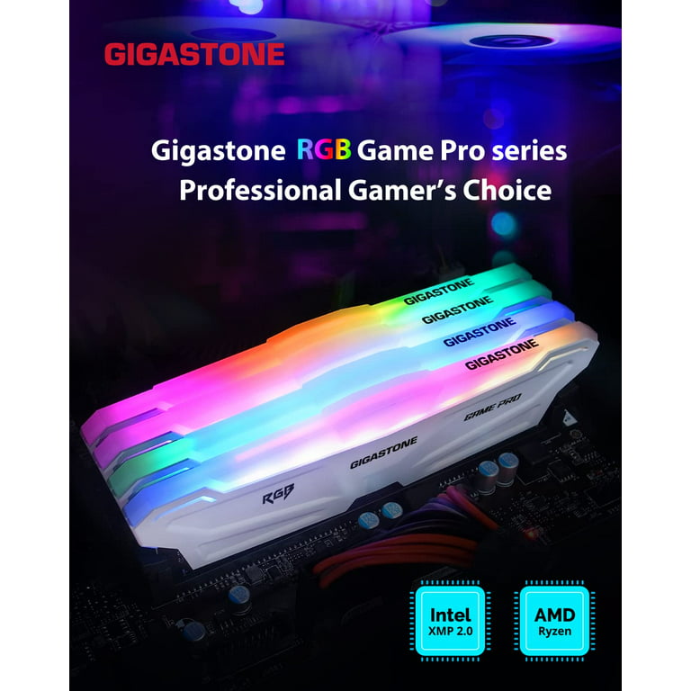 【RGB DDR4 RAM】 Gigastone White RGB Game Pro Gaming RAM de Bureau 16 Go  (2x8Go) DDR4 16Go DDR4-3200 MHz PC4-25600 Non tamponné Non ECC 1,35 V CL16  288