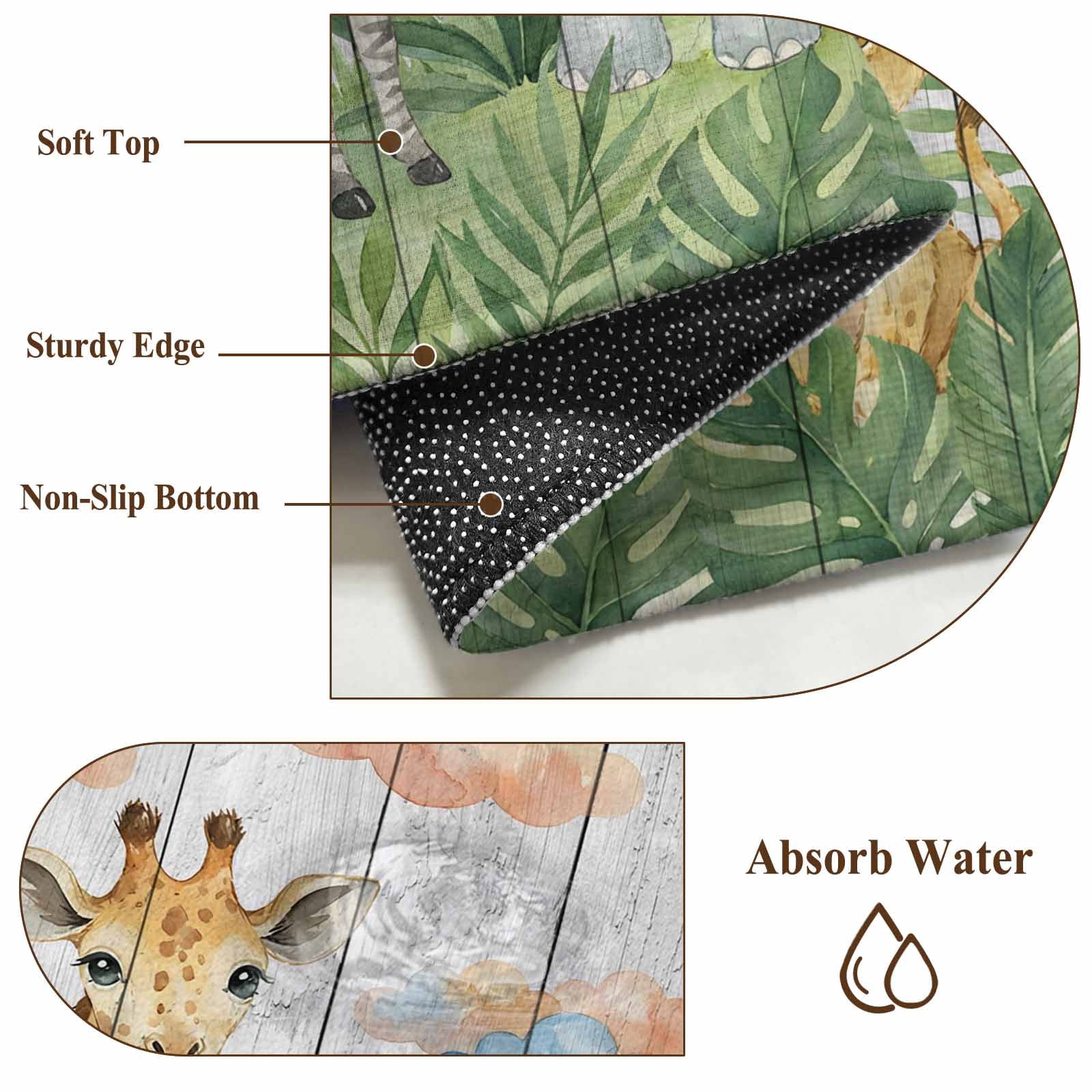 Cute Animals Round Area Rug 4Ft Washable Circle Rugs for Bedroom Dining Room, Cartoon Summer Botanical Palm Leaves Non-Slip Carpet Floor Mats Indoor Outdoor Carpet Runner Aesthetic Home Decor