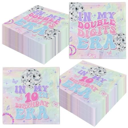 TEMYAXU 40pcs Iridescent PriNst Double Digits Era Napkins, 10th Birthday Party Decorations, Pink & Purple, 2-Ply Paper Napkins