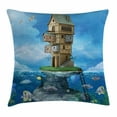 thumbnail image 1 of Cartoon Throw Pillow Cushion Cover, Fantasy Fisherman House Fairytale Underwater Life Fishes Coral Cloudy Sky, Decorative Square Accent Pillow Case, 18 X 18 Inches, Blue Brown Green, by Ambesonne, 1 of 2