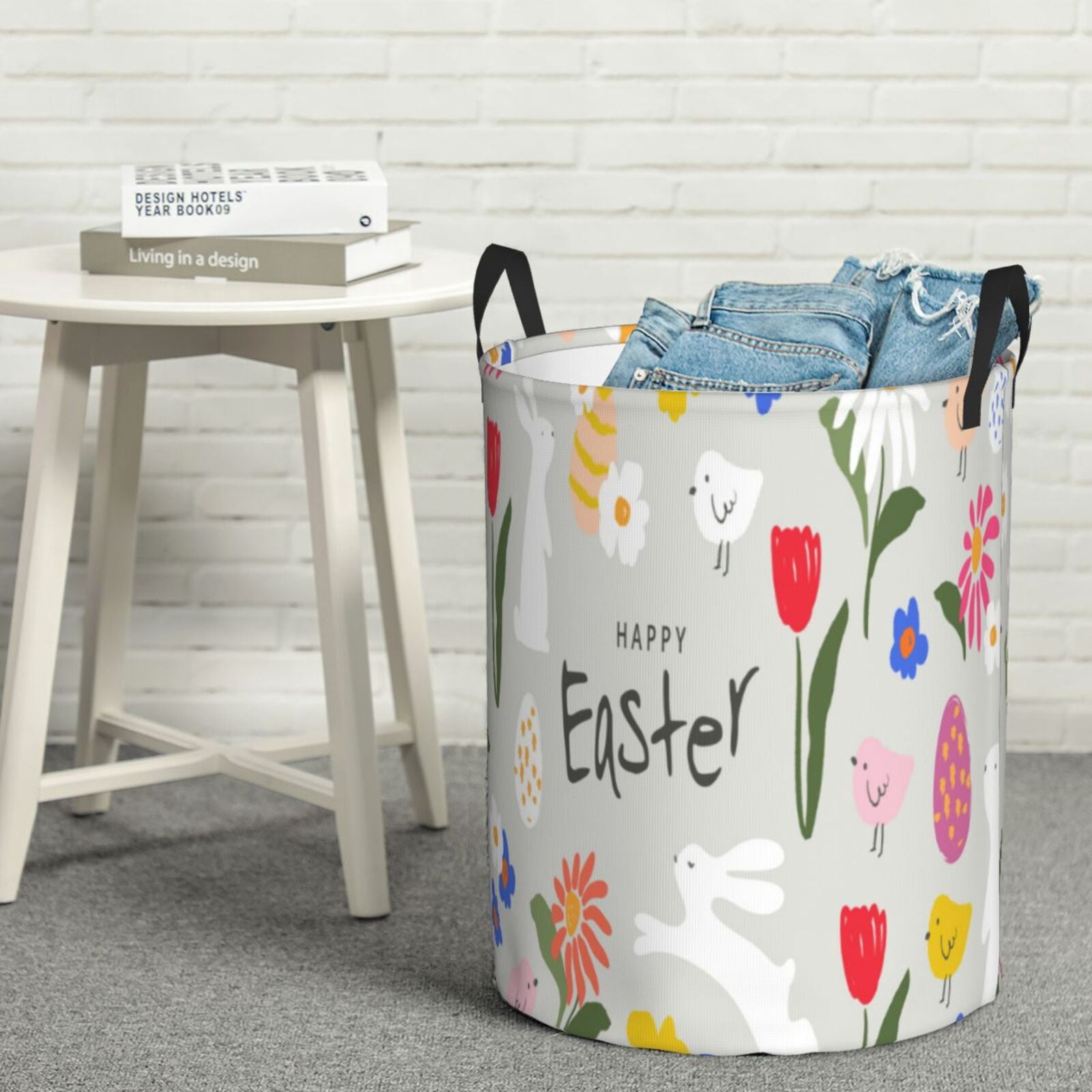 Gukieu Happy Easter Print Round Dirty Clothes Bag, Waterproof Standing Home Bathroom Storage Basket Car Trunk Storage Bag-Small