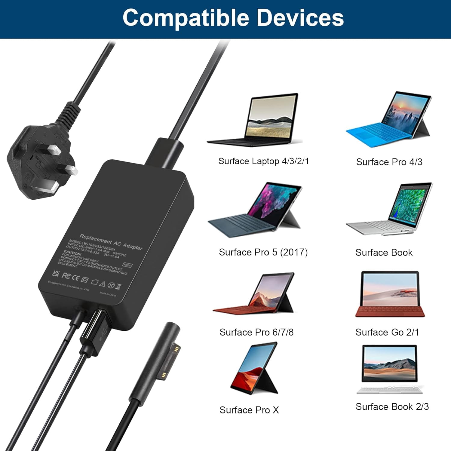 102W Laptop charger 15V 6.33A Power Supply for Microsoft Surface Book 3/2/1, Surface Laptop 5/4/3/2, Surface Pro X/9/8/7/6/5/4/3/2, Surface Go 4/3/2 AC Power Cord