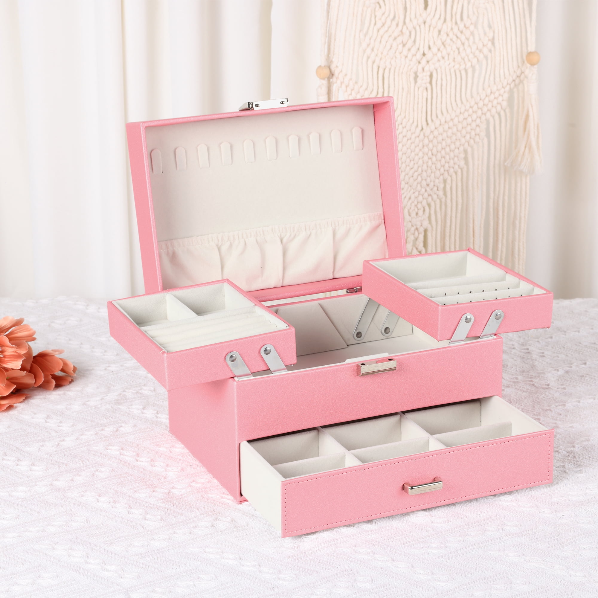 Unique Bargains 3 Layer Jewelry Box PU Leather Organizer Pink