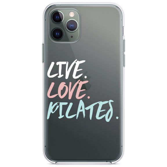 DistinctInk Clear Shockproof Hybrid Case for iPhone 13 (6.1" Screen) - TPU Bumper Acrylic Back Tempered Glass Screen Protector - Live. Love. Pilates.