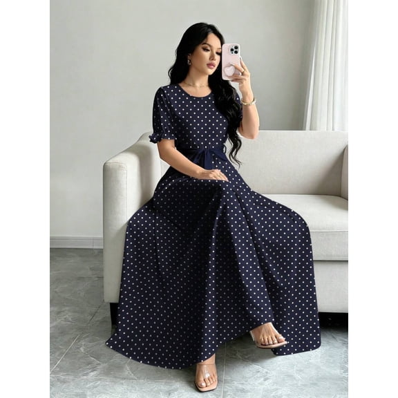 Multicolor Navy Blue Polka Dot Print Dress, Womens Round Neck Short Puff Sleeve Belted Maxi Dress
