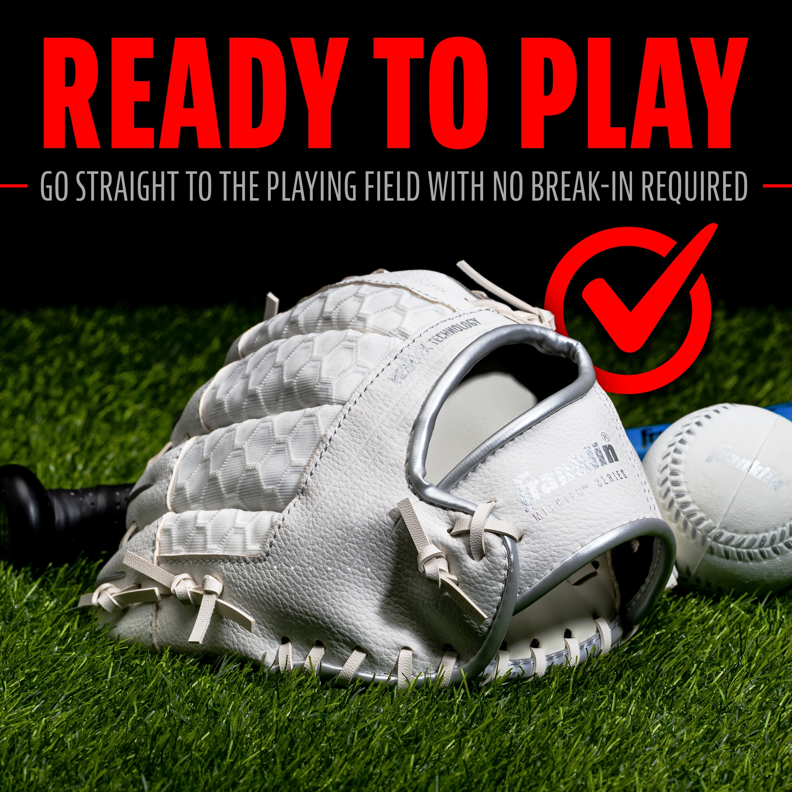 Franklin Sports Meshtek Kids Teeball Glove + Ball Set, 9.5 in, White/Chrome, Right Hand Throw