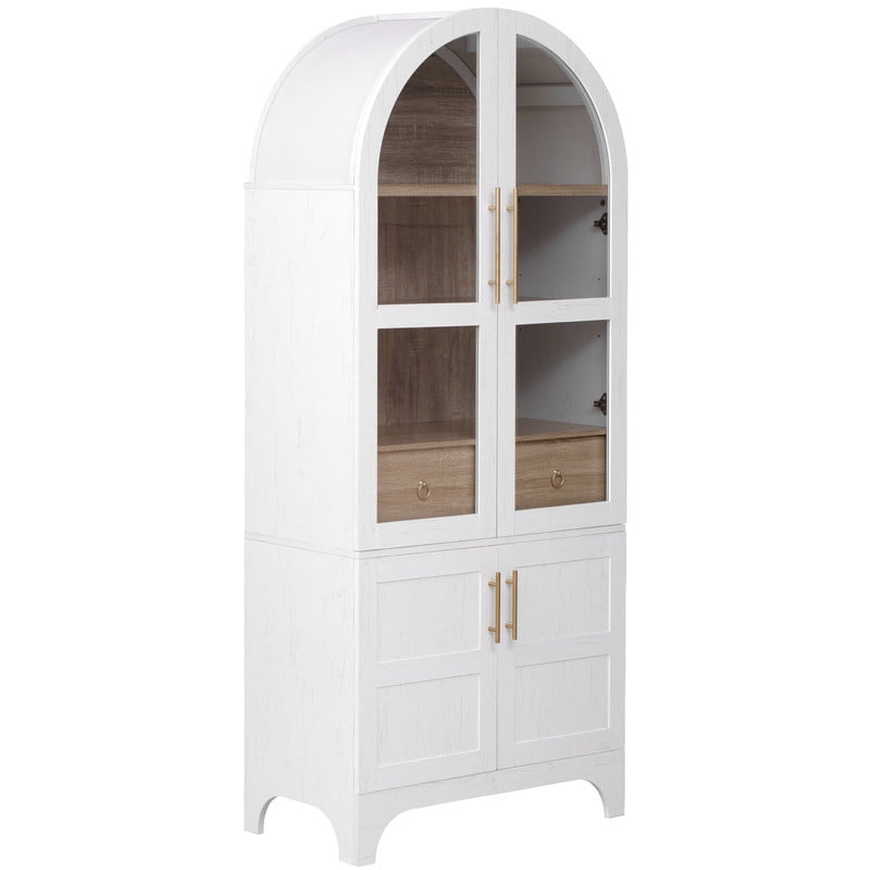 Arched Kitchen Pantry Cabinet with Door Shelves, 71" Tall Kitchen Storage Cabinet with Open & Adjustable Shelves, Freestanding Kitchen Cupboard with Hidden Drawer & Glass Door