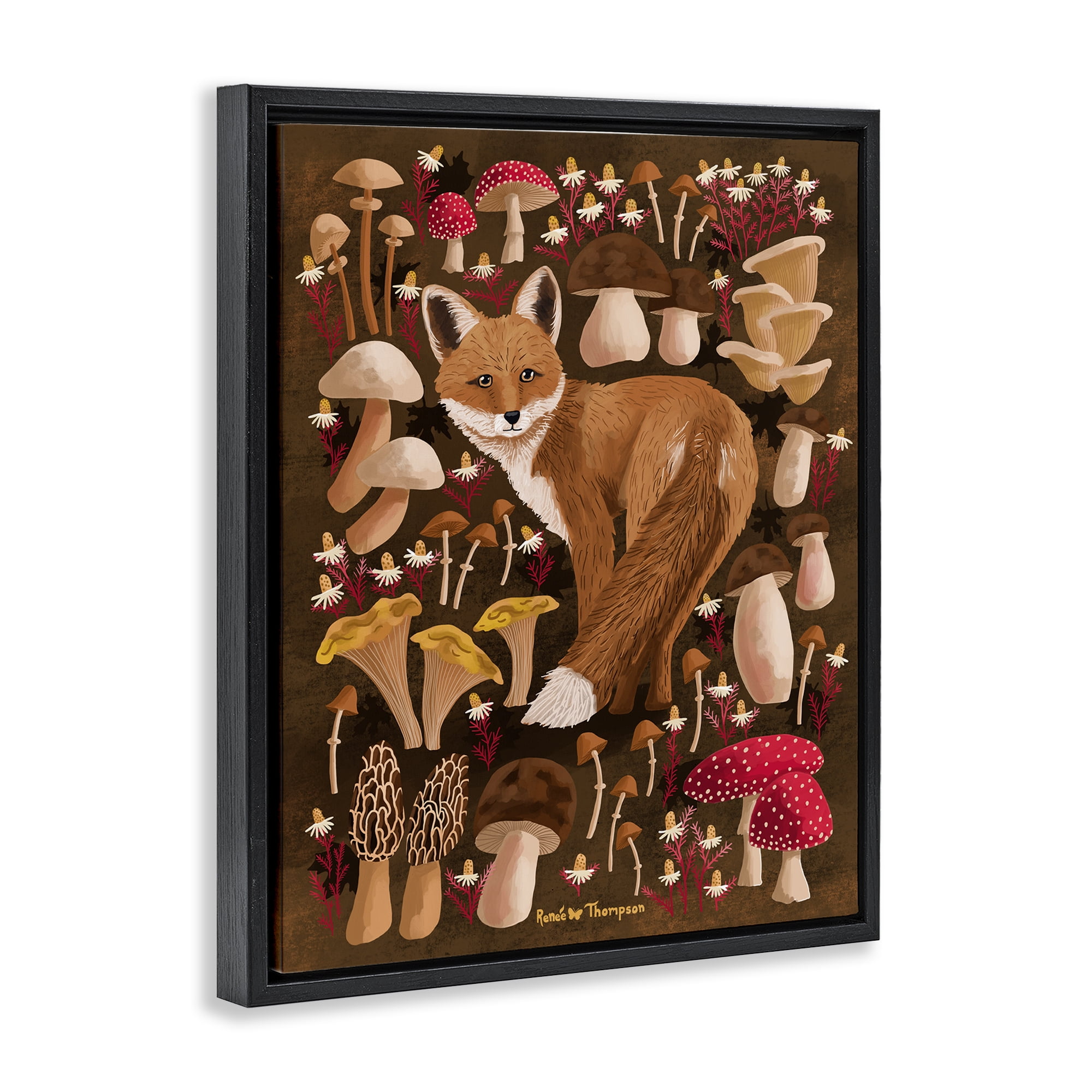 Stupell Industries Fox & Cottage Mushrooms Animals Painting Black Floater Framed Canvas Art Print Wall Art, 25 x 31