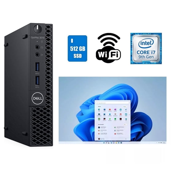 Restored Dell OptiPlex 3070 Micro Core i7 9th Gen Desktop Computer 16GB RAM 512GB SSD Wi-Fi Windows 11 Pro (Refurbished)