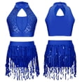 thumbnail image 3 of Traje de baile latino de Samba para niños y niñas, traje de baile con lentejuelas, Top con cuello Halter calado, pantalones cortos con flecos y lentejuelas, 3 of 5