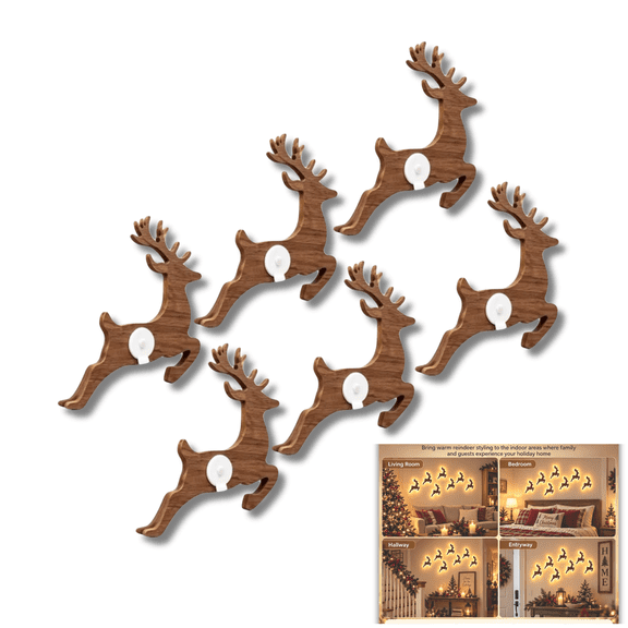 LED Reindeer Wall Decorations Festive Christmas Lighting, 2026 Rustic Wooden Stick Warm Backlit Deer Glowing Figures for Indoor Bedroom Holiday Wall Decoration 1 Set-B(6PCS)