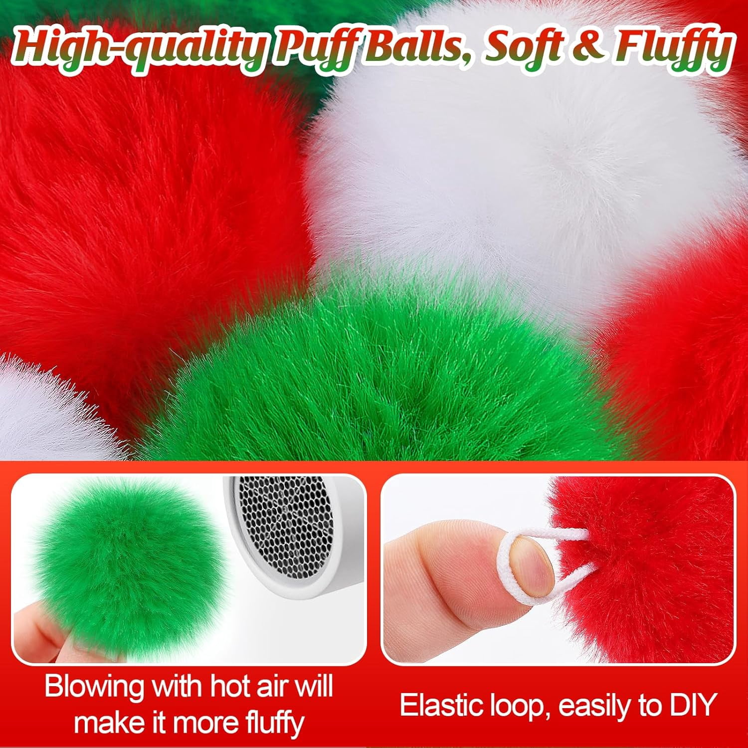 ABPETE 2'' Large Pom Poms for Crafts - 30 pcs Faux Fur Pompoms Fluffy Balls for Fall Decorations Christmas Handmade Gifts, Red/Green/White