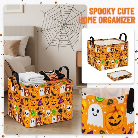 Foldable Halloween Storage Basket, Spooky Print Fabric Storage Bin with Carry Handles, Multipurpose Home Closet Toy Clothes Organizer for Bedroom Dormitory Wardrobe Closet