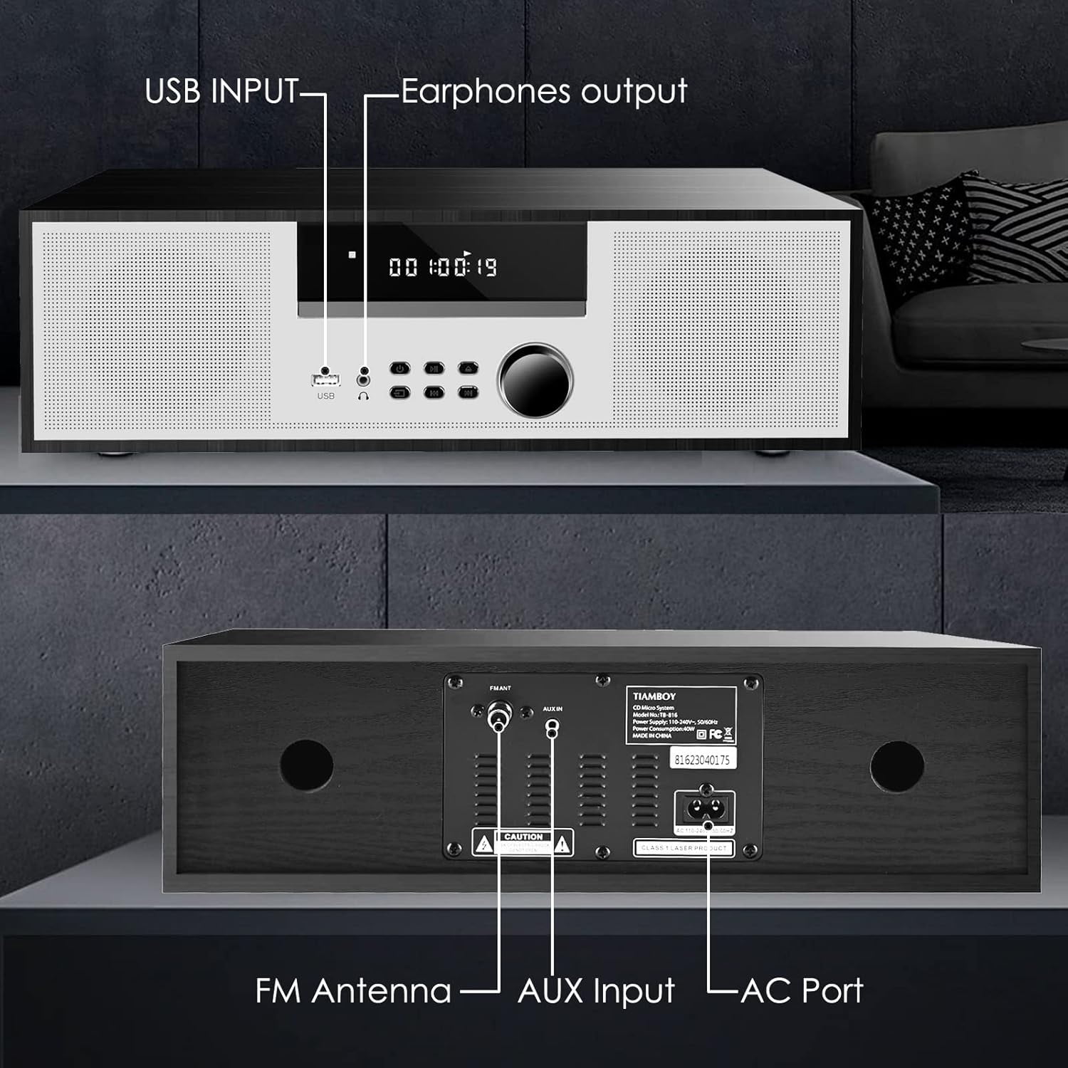 Vintage Style 40W RMS Micro Shelf Stereo System with CD Player, Bluetooth, USB Playback, FM Radio, AUX-Input, 2-Way Music Crisp-Sound, DSP-Tech