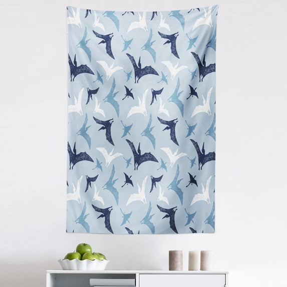 Dinosaur Tapestry, Prehistoric Reptile Floating Sketchy Drawn Cold Toned Winged Animal, Fabric Wall Hanging Decor for Bedroom Living Room Dorm, 5 Sizes, Baby Blue Indigo White, by Ambesonne