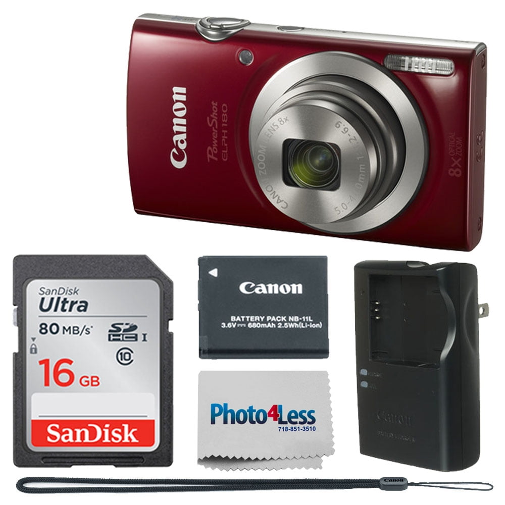 Canon PowerShot ELPH 180 Red with 20MP & 8x Zoom + 16GB Memory Card
