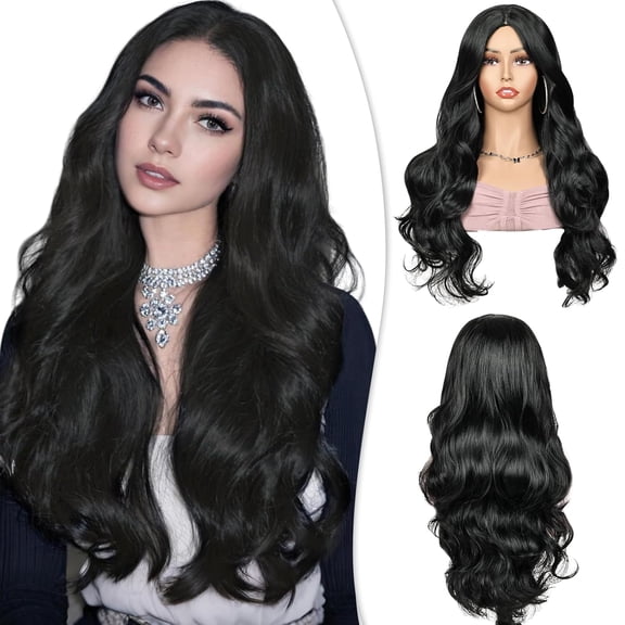 Phocas 21" Long Deep Wave Wig No Bangs Black - Glueless Synthetic Wavy Wig for Women with Natural Hairline - Heat Resistant Daily Wear