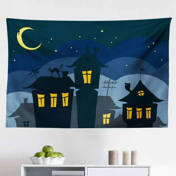 Nature Tapestry, Enchanted Woods Summer Season Mushrooms Flowers Trees Wildgrass at Sunset Cartoon, Fabric Wall Hanging Decor for Bedroom Living Room Dorm, 2 Sizes, Multicolor, by Ambesonne