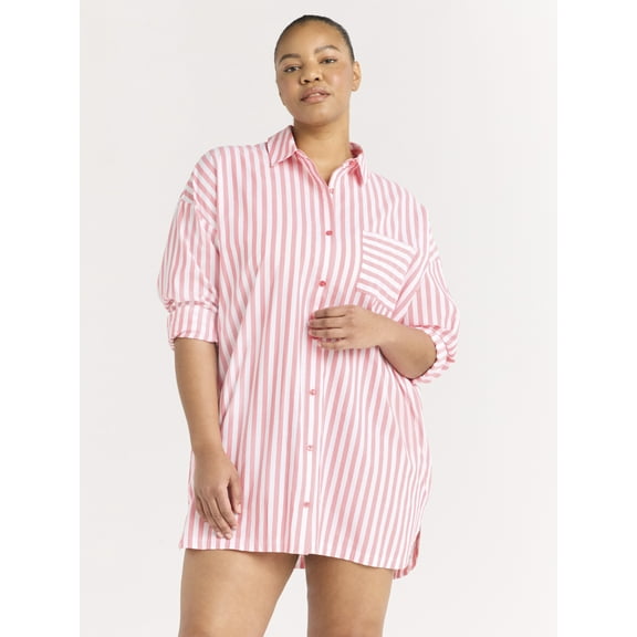 Joyspun Women’s Woven Long Sleeve Button Front Sleepshirt, Sizes XS-3X