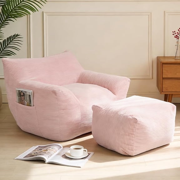 LUFTUT Bean Bag Chair for Adults, Plush Bean Bag Sofa with Armrests, Oversized Foam Lounge Chair with Side Pockets & Anti-Slip Bottom, Comes with Matching Bean Bag Footstool, for Living Room, Bedroom