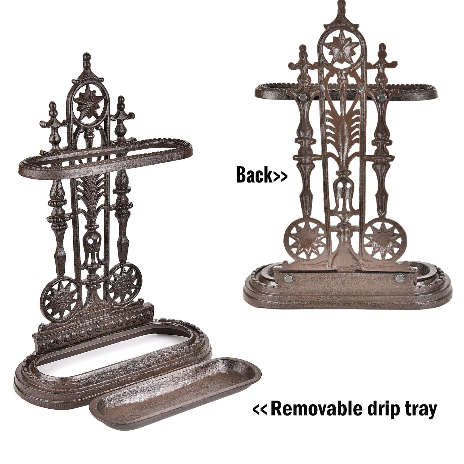 Sungmor Royal Style 1-Hook Cast Iron Umbrella Stand with Detachable Tray, Decorative Freestanding Umbrella Rack Organizer