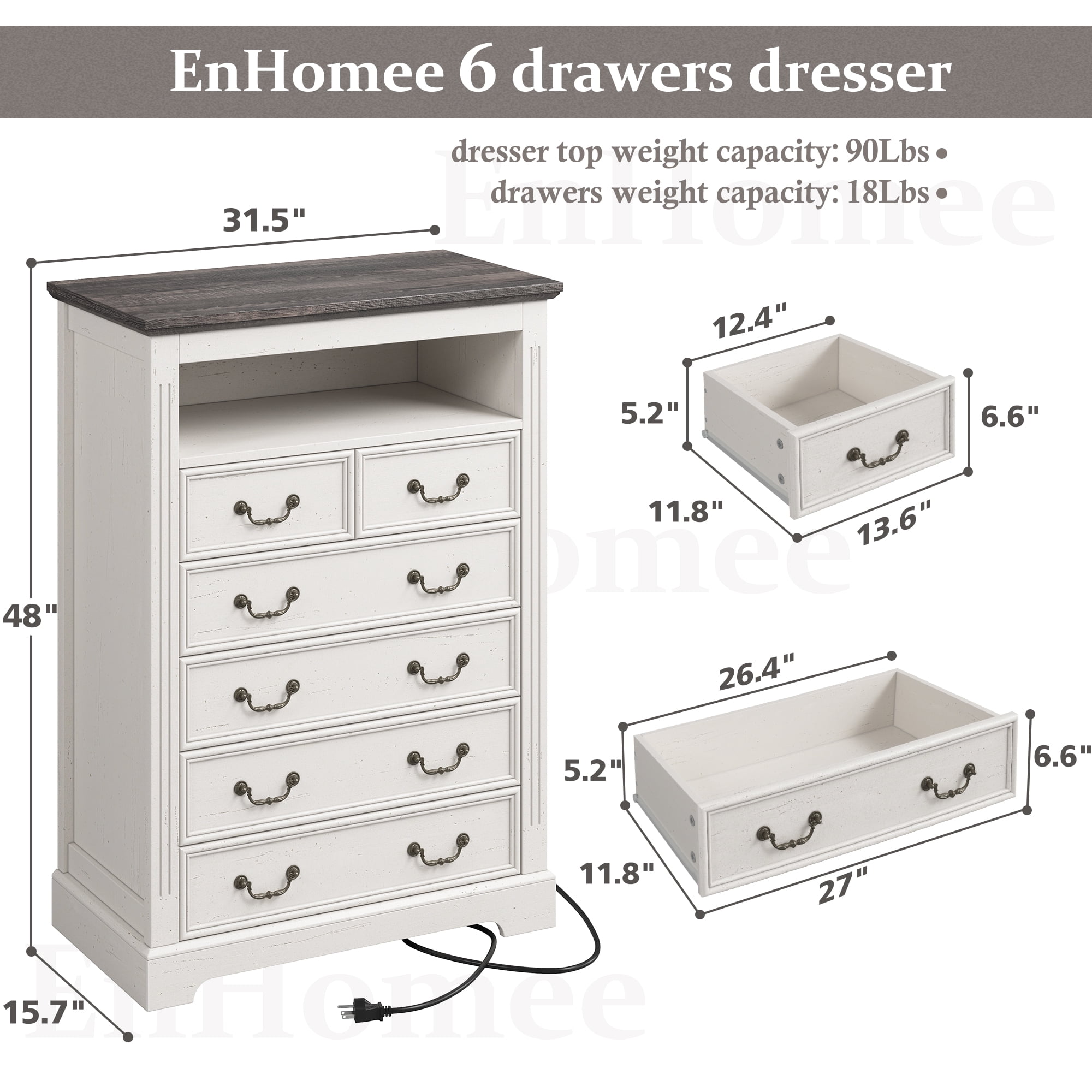 EnHomee Dresser for Bedroom Wood Dresser with LED Lights & Charge Station White Dresser with 6 Drawers