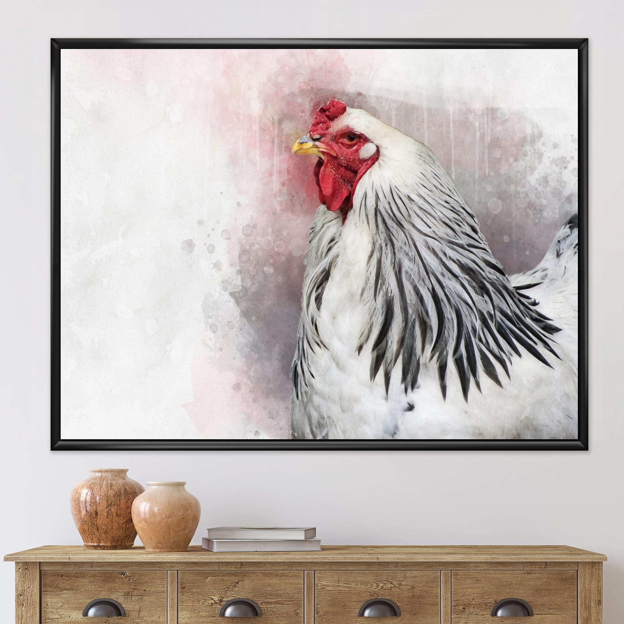 Close Up Of White Columbia Brahma Rooster Bird 32 in x 16 in Framed Painting Canvas Art Print, by Designart