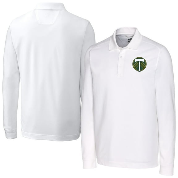 Men's-Cutter & Buck  White Portland Timbers Advantage Eco Tri-Blend Pique Long Sleeve Polo