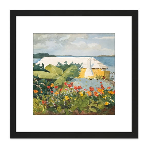 Homer Flower Garden Bungalow Bermuda Painting 8X8 Inch Square Wooden Framed Wall Art Print Picture with Mount