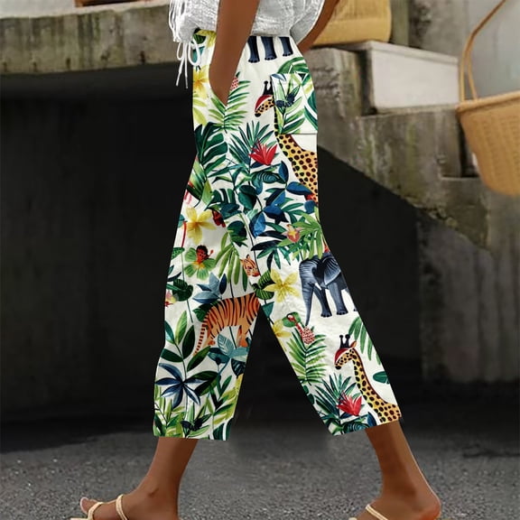 Aboser Womens Boho Harem Capri Pants with Pockets Summer 2026 Cute Floral Print Cropped Pants Drawstring Elastic High Waisted Trousers Loose Casual Vacation Beach Pants