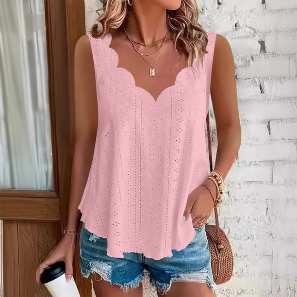 TaTaai Solid Color Women Tank Top Palace Lock Wave Edge Sleeveless Irregular V Neck Breathable Non See-through Machine Washable No Fading Casual Fashion Daily Top Gift