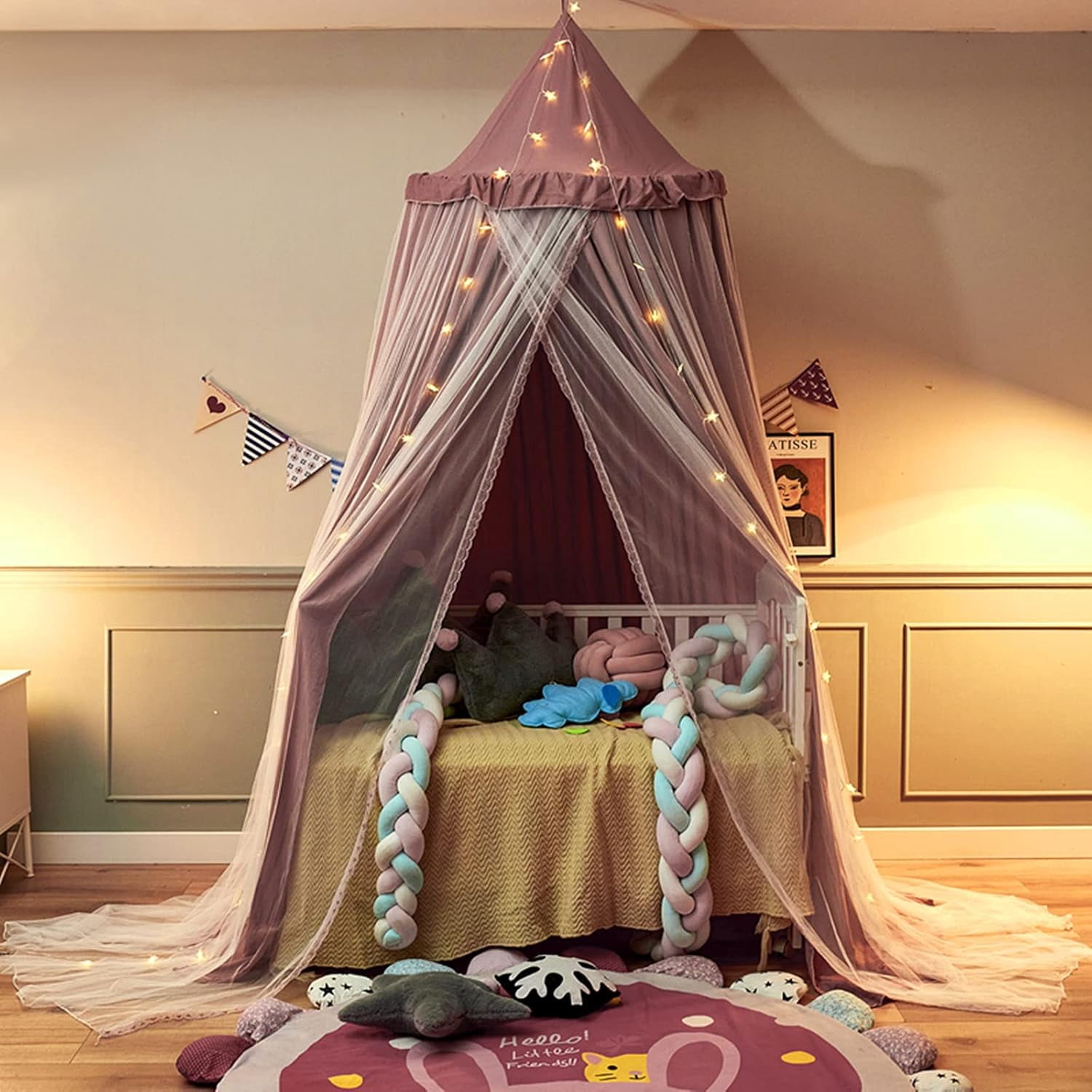 Bed Canopy Double Layer Princess Round Dome Dreamy Mosquito Net Bedding Girls Room Castle Play Tent Hanging House Decor Reading Nook Canopies(Jujube Red/White)