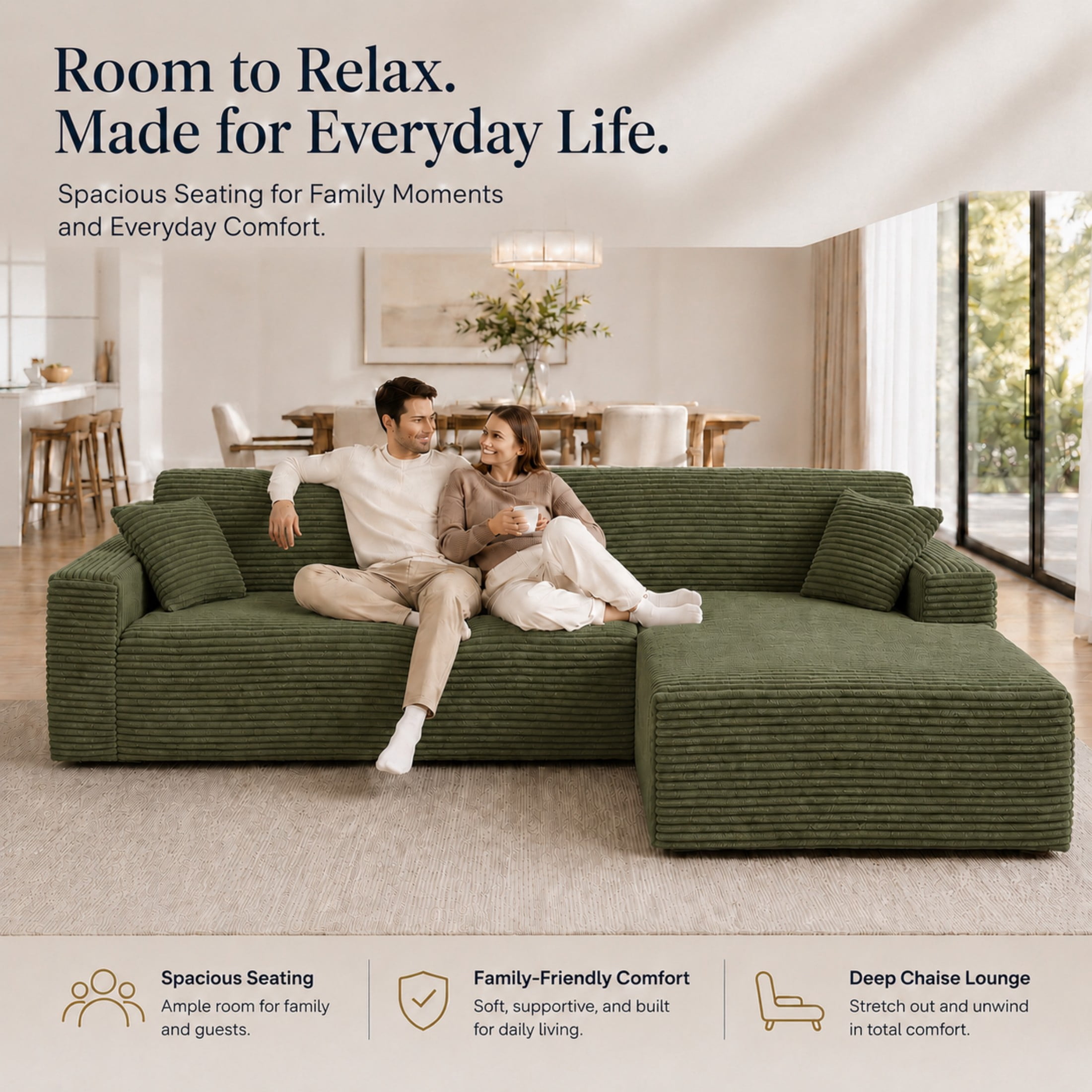 Aenkyo 106 Inch Corduroy L-Shaped Cloud Sectional Sofa with Reversible Chaise, Green