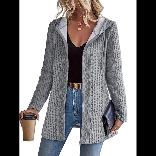 Abrigo de Invierno Elegante para Mujer, Cárdigan con Capucha, Mangas Largas y Cremallera, Otoño/Invierno Gris S